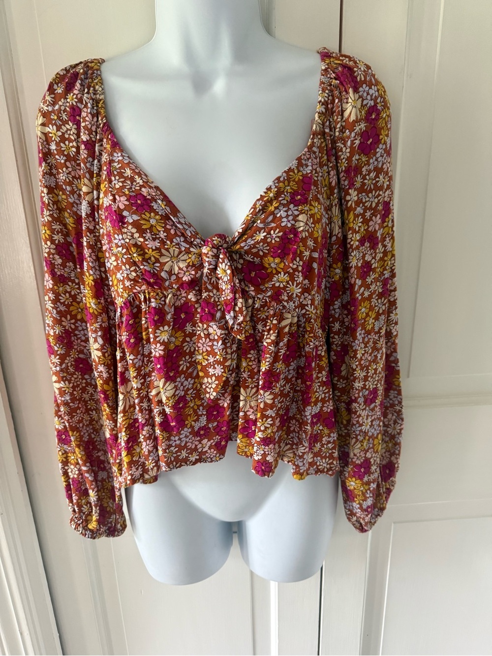 Patrons of Peace Boho Tie-Front Peasant Blouse - Pink & Brown
